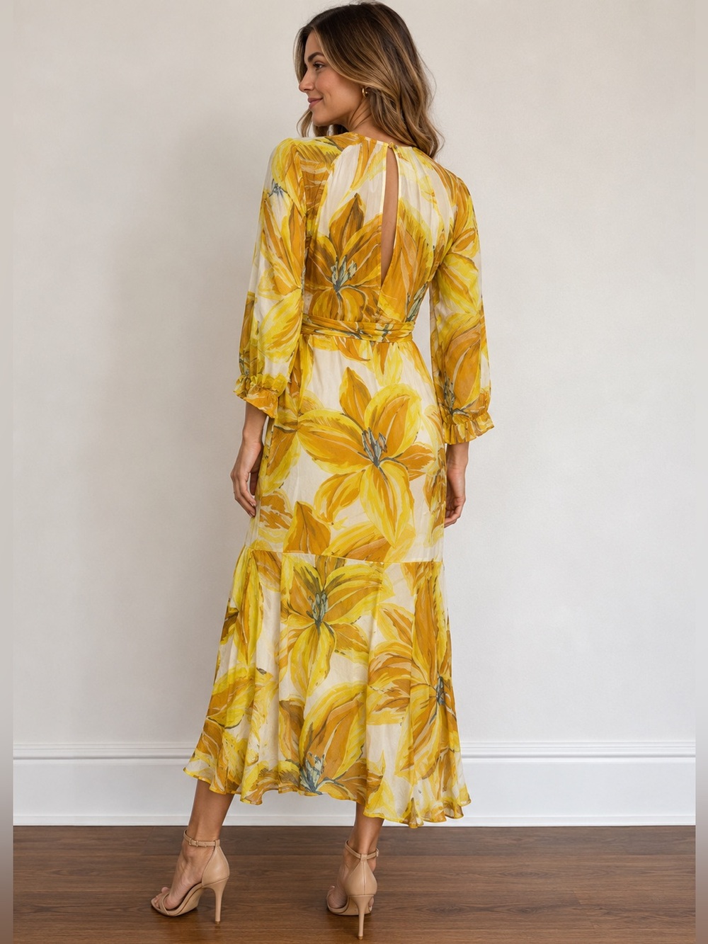Farm Rio Yellow Tropical Floral Wrap Midi Dress XS Boho Resort Vacation - Picture 2 of 7